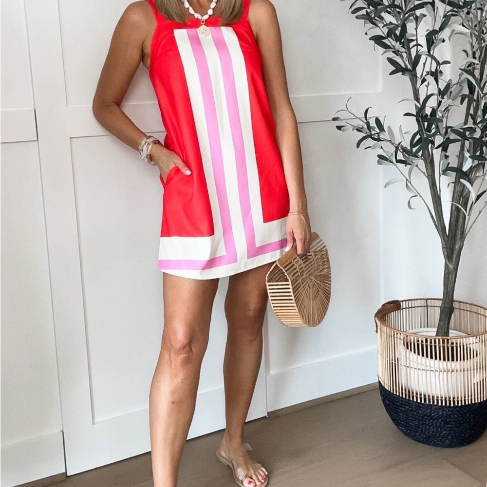 Red and Pink Striped Sleeveless Dress